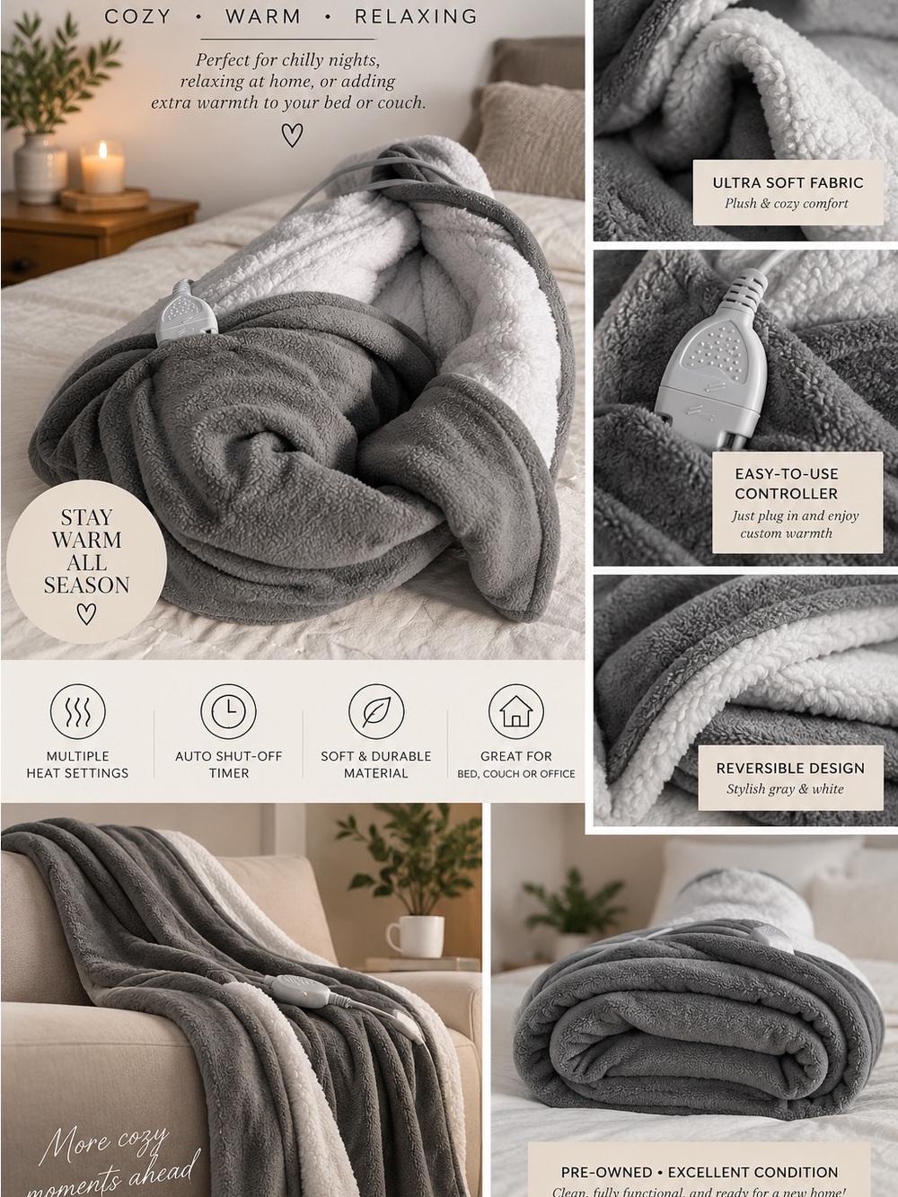 Gray Reversible Plush Electric Throw Blanket - Heated Comfort